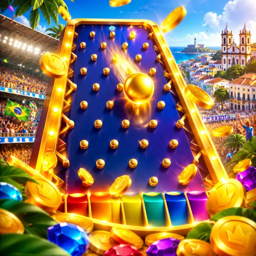 Thumbnail do Plinko com pirâmide de pinos e bolinha caindo